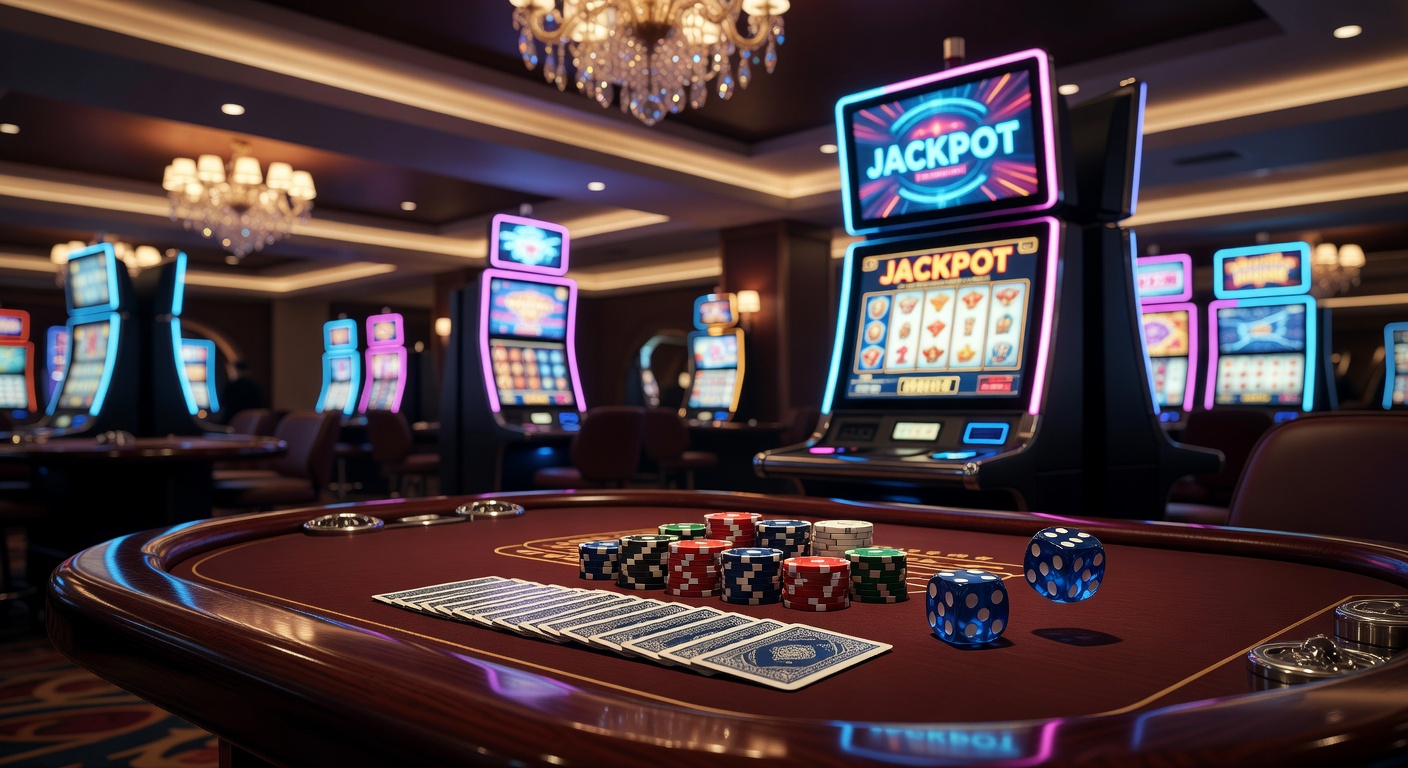 Overview of classic casino game tables including roulette wheels and card decks in a modern gaming environment
