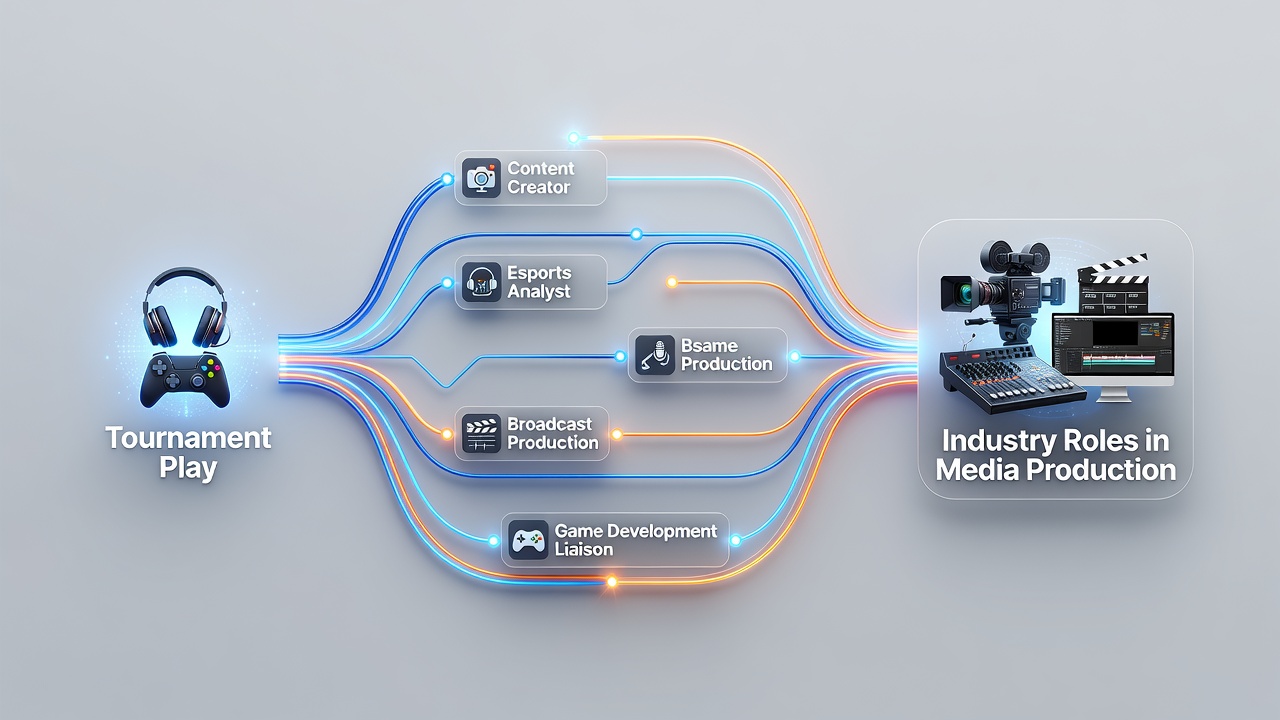 Diagram showing career pathways from esports tournaments into media production roles across studios and events