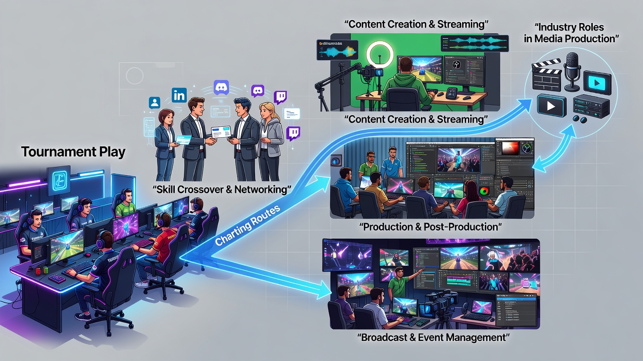 Behind-the-scenes view of a media production control room handling tournament footage with multiple monitors and operators