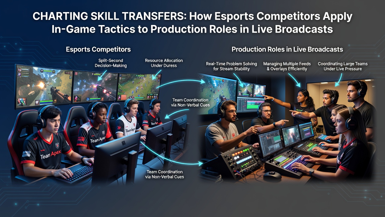 Esports competitor reviewing broadcast feeds while applying tactical awareness from competitive play to live production decisions