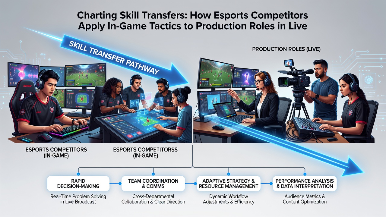 Broadcast control room where former esports players coordinate camera feeds and overlays using tactics adapted from competitive team play