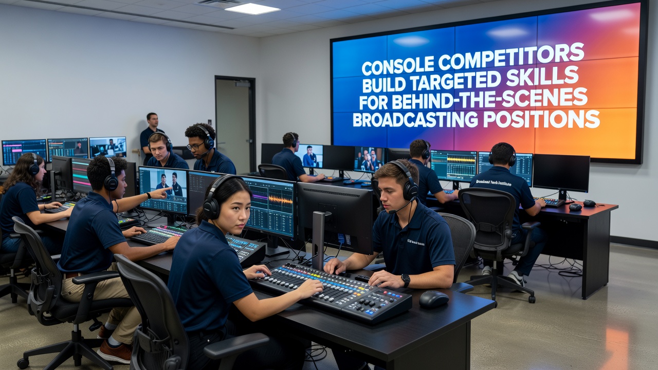 Behind-the-scenes view of a broadcasting control room with multiple monitors and console integration