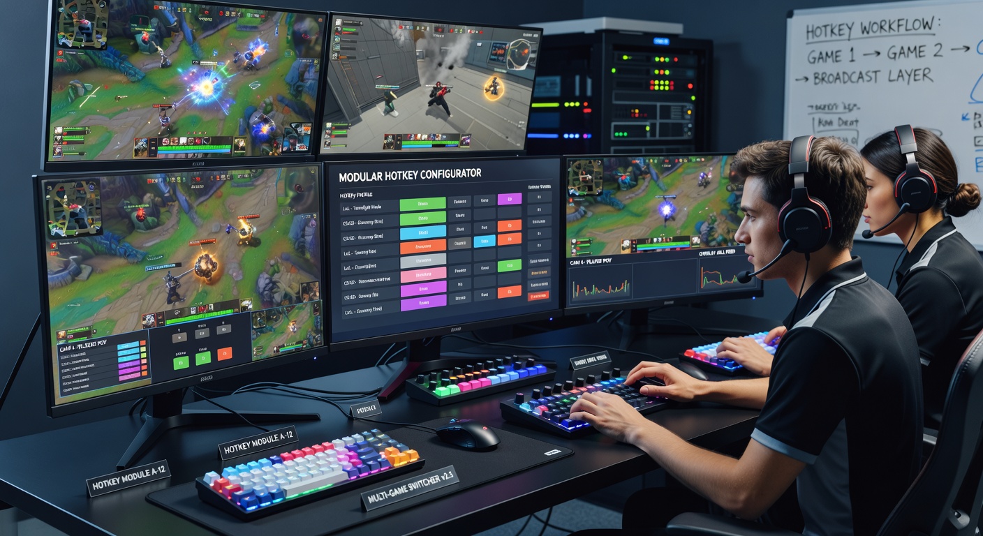 Esports broadcast control room with multiple monitors displaying hotkey interfaces for game switching