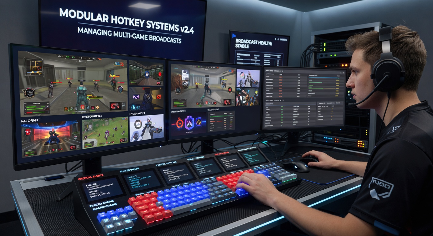 Close-up of modular keypad setup with labeled hotkeys for multi-game esports analysis