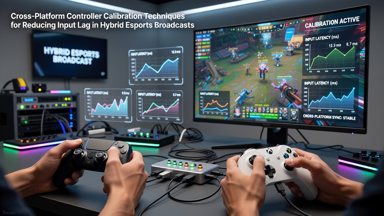 Cross-platform controller setup with calibration tools displayed on multiple devices during an esports broadcast preparation
