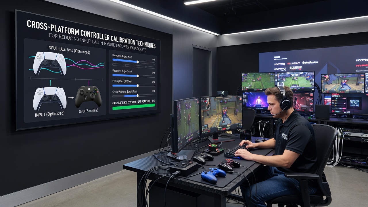 Technician performing cross-platform controller calibration on a laptop connected to console and PC hardware in a broadcast control room
