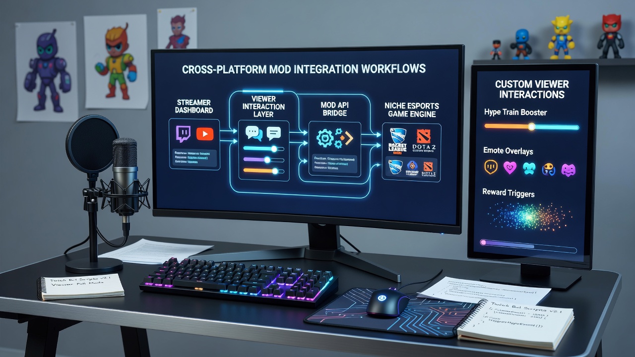 Streamer using cross-platform mod tools to adjust viewer interaction overlays during a niche esports broadcast