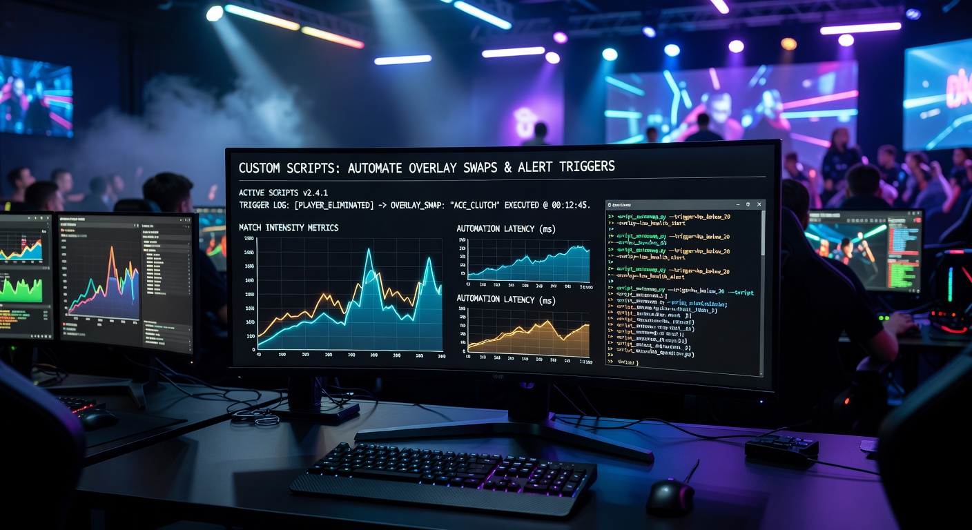 Esports broadcast setup showing dynamic overlay transitions during a live competitive match