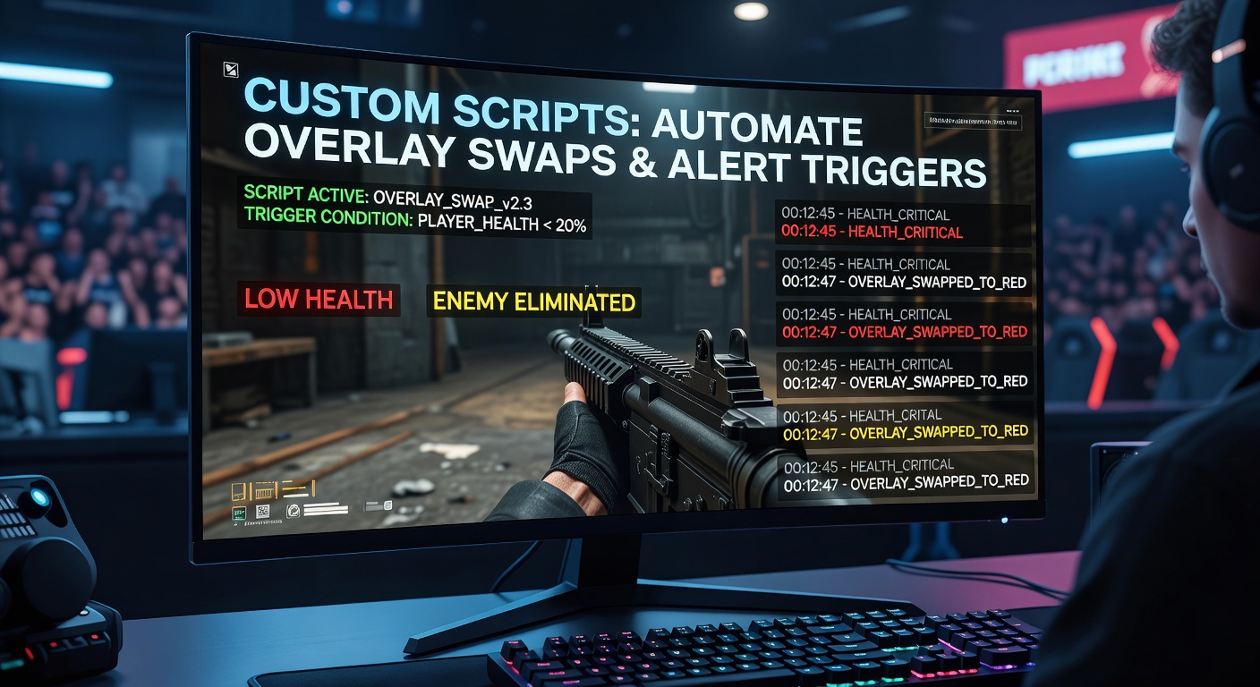 Close-up of script code and streaming dashboard managing real-time alerts in an esports production environment