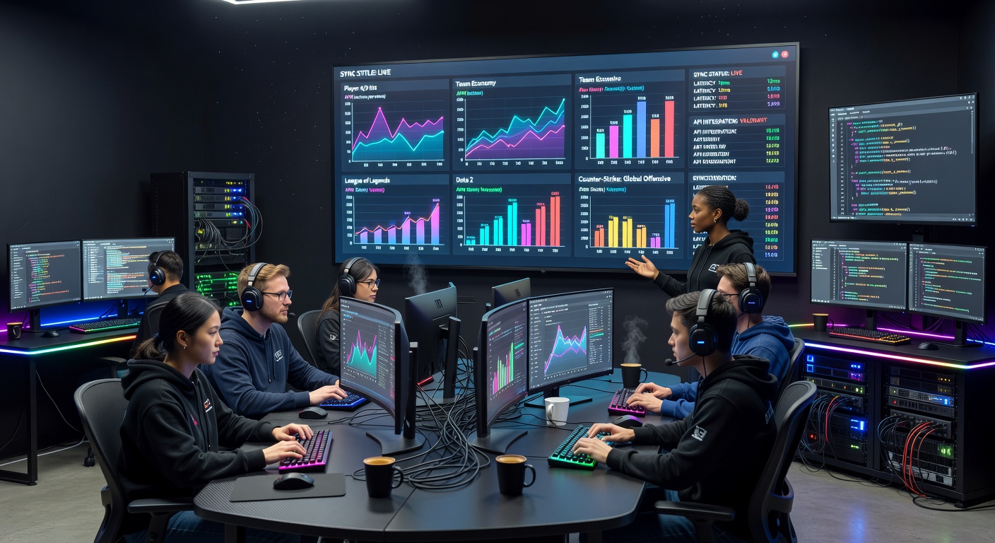 Esports analysts reviewing synchronized data feeds during a multi-title tournament broadcast setup