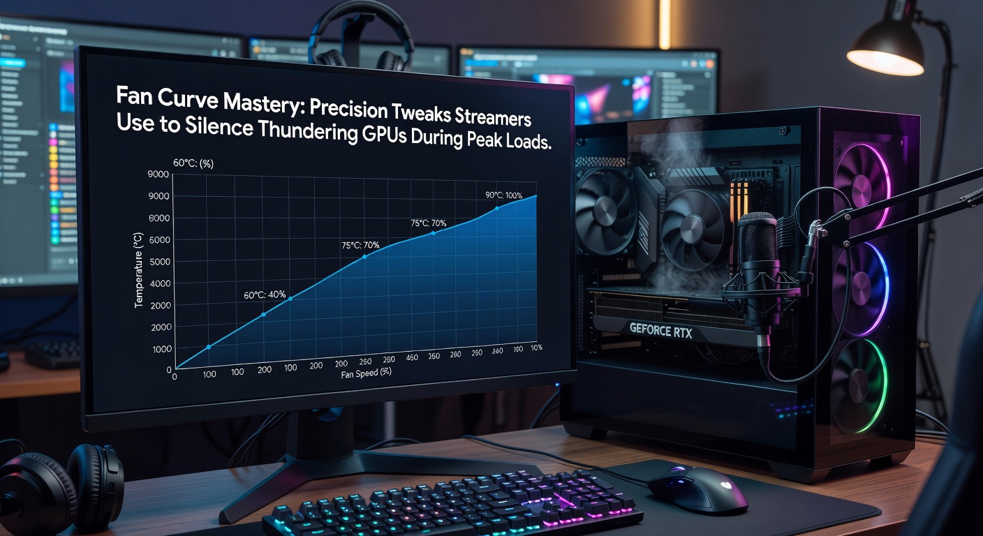 Close-up view of a high-end GPU with customizable fan blades spinning at variable speeds, illustrating dynamic fan curve adjustments in action