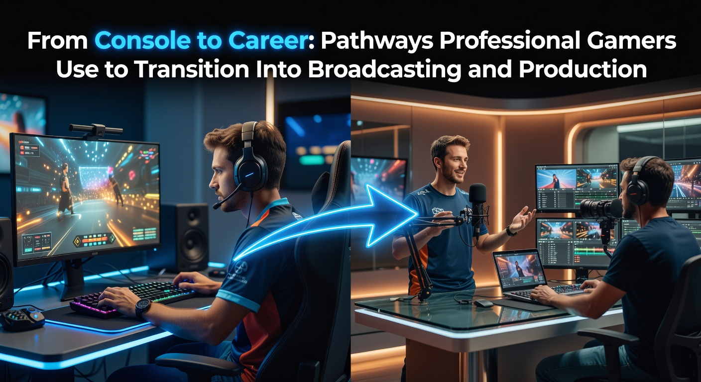 Professional gamer seated at a broadcasting desk with multiple monitors showing live esports analysis and production tools