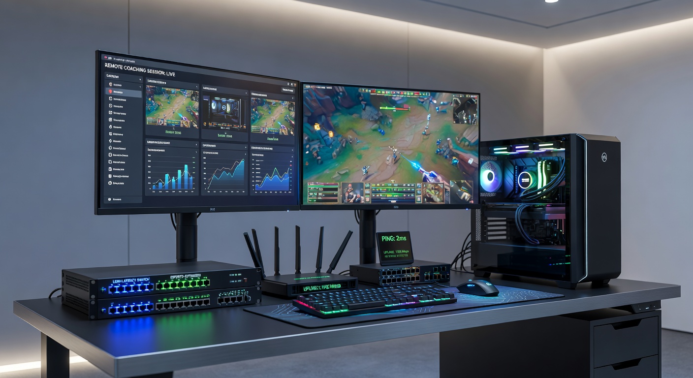 Close-up of high-end networking hardware and low-latency GPUs arranged for remote esports coaching setups