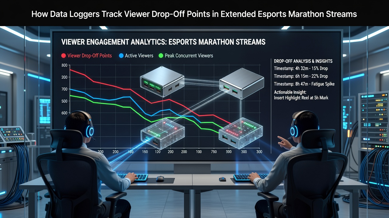 Data visualization dashboard showing viewer count fluctuations during a long esports stream with highlighted drop-off points