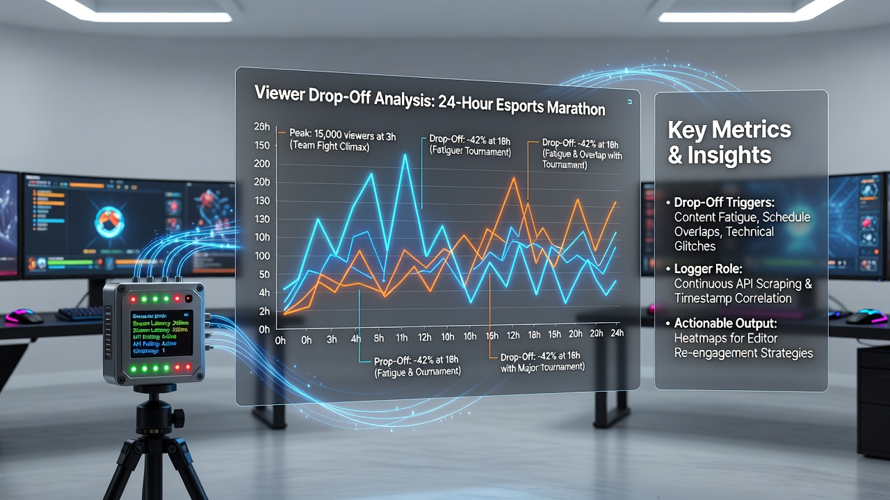 Analyst reviewing timestamped viewer retention graphs on multiple monitors during an esports marathon event