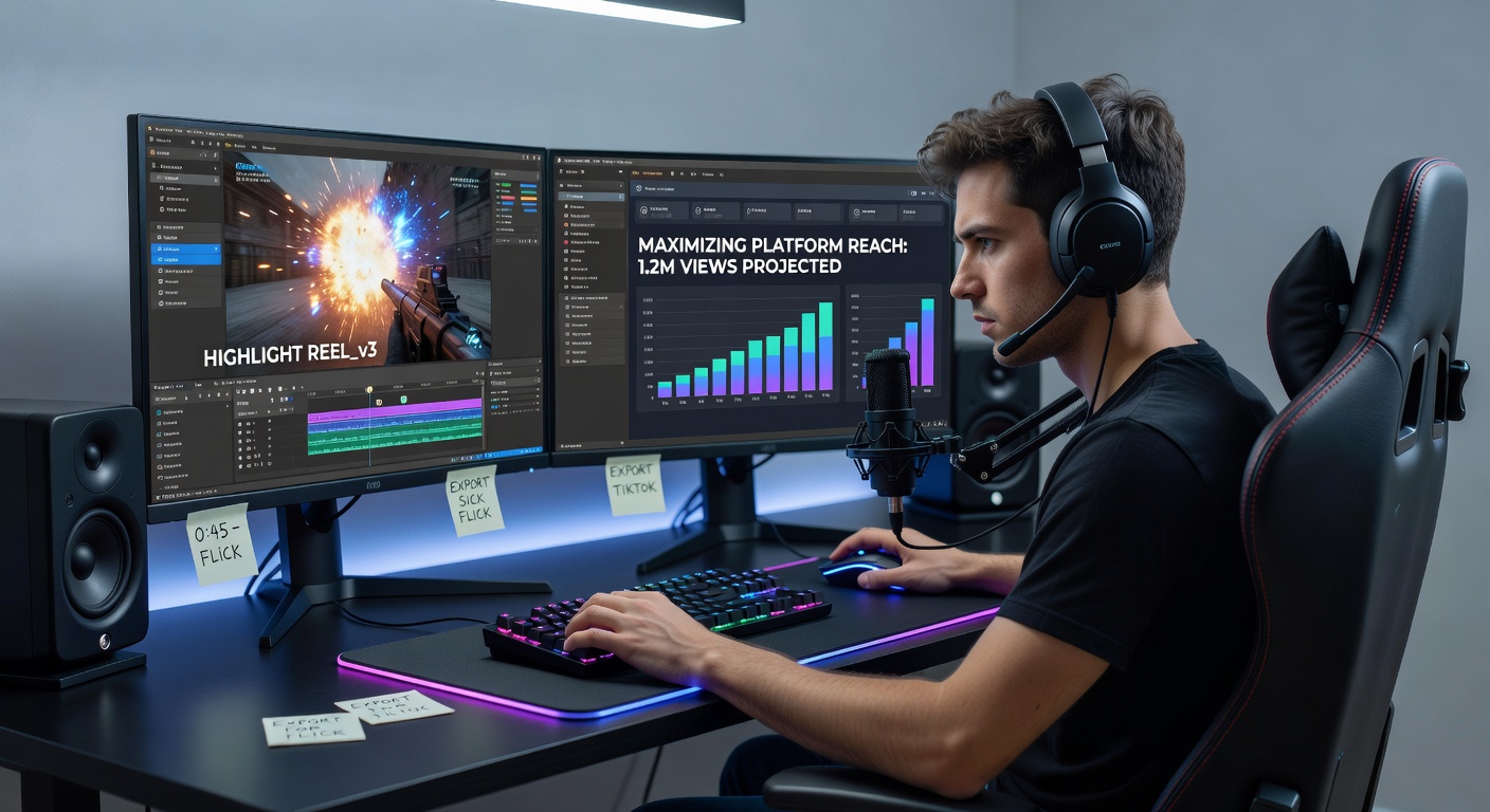 Professional gamer reviewing highlight reel footage on dual monitors during editing session