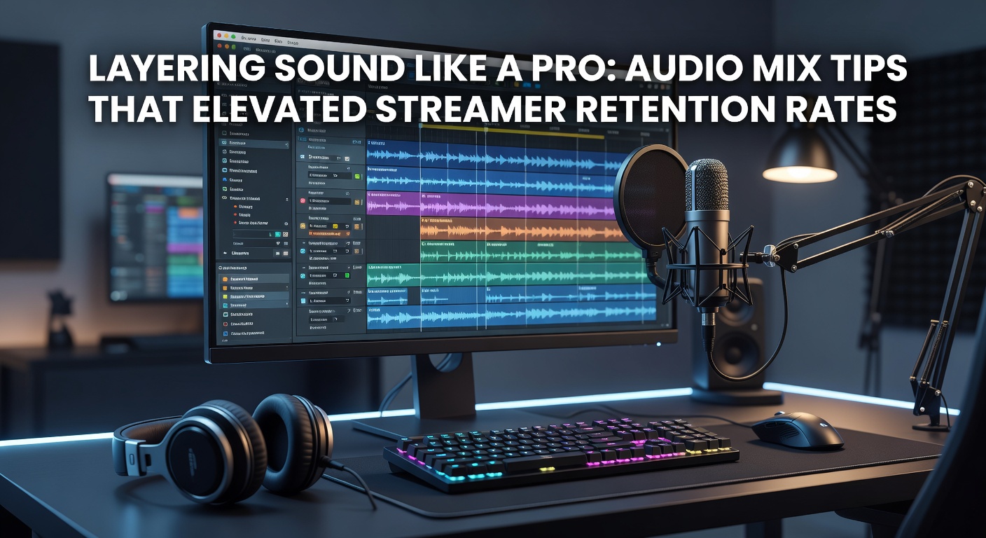 Audio mixing console with layered waveforms displayed on a digital interface, showcasing professional streaming setup