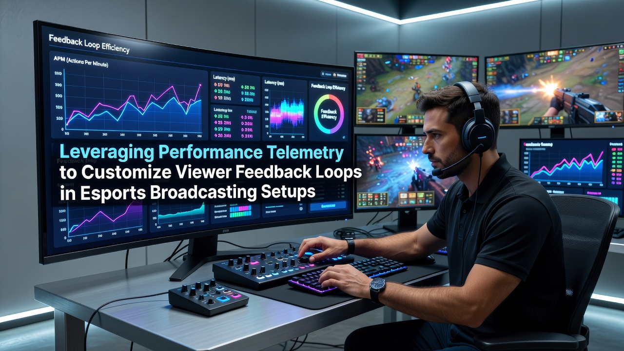 Esports broadcast control room with multiple monitors displaying real-time performance telemetry data and viewer interaction overlays