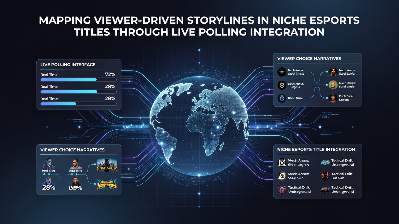 Esports analysts reviewing viewer poll data and narrative branch statistics on multiple monitors during a live event