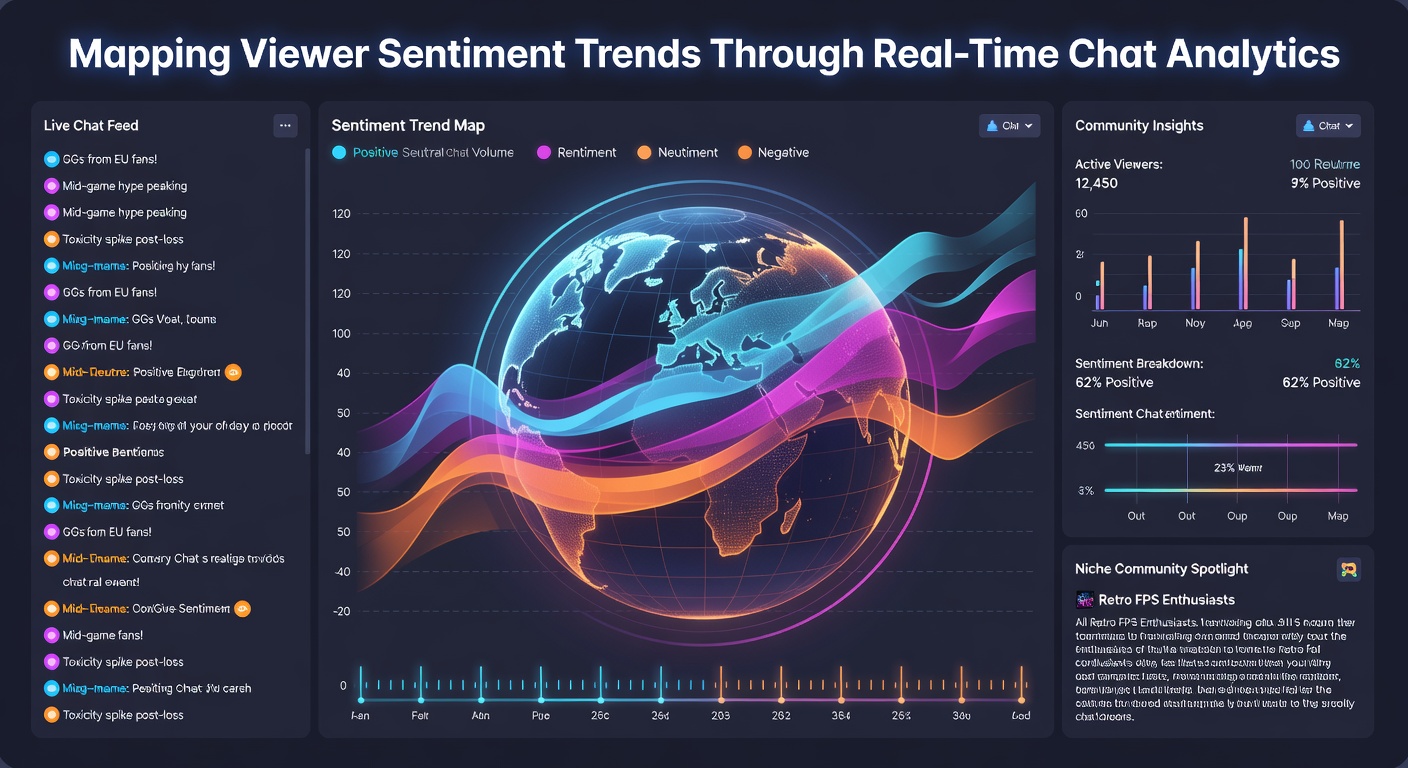 Dashboard interface displaying real-time sentiment mapping from niche esports chat streams with color-coded trends and engagement spikes