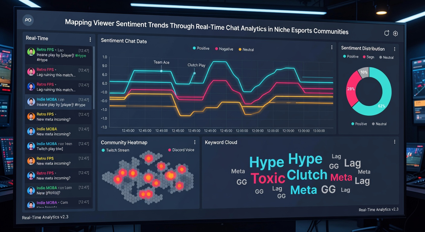 Split view of esports chat logs alongside sentiment trend graphs highlighting peaks during key tournament moments