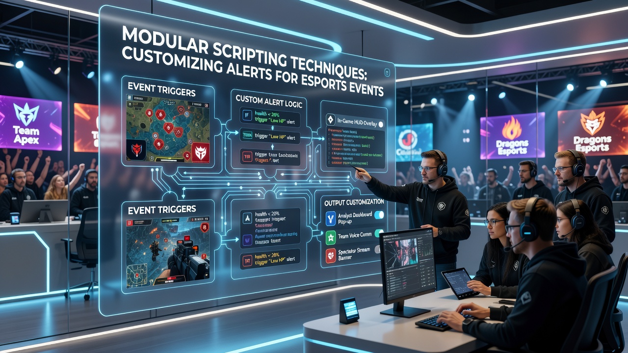 Esports analysts working on modular scripts for alert customization in a tournament control room