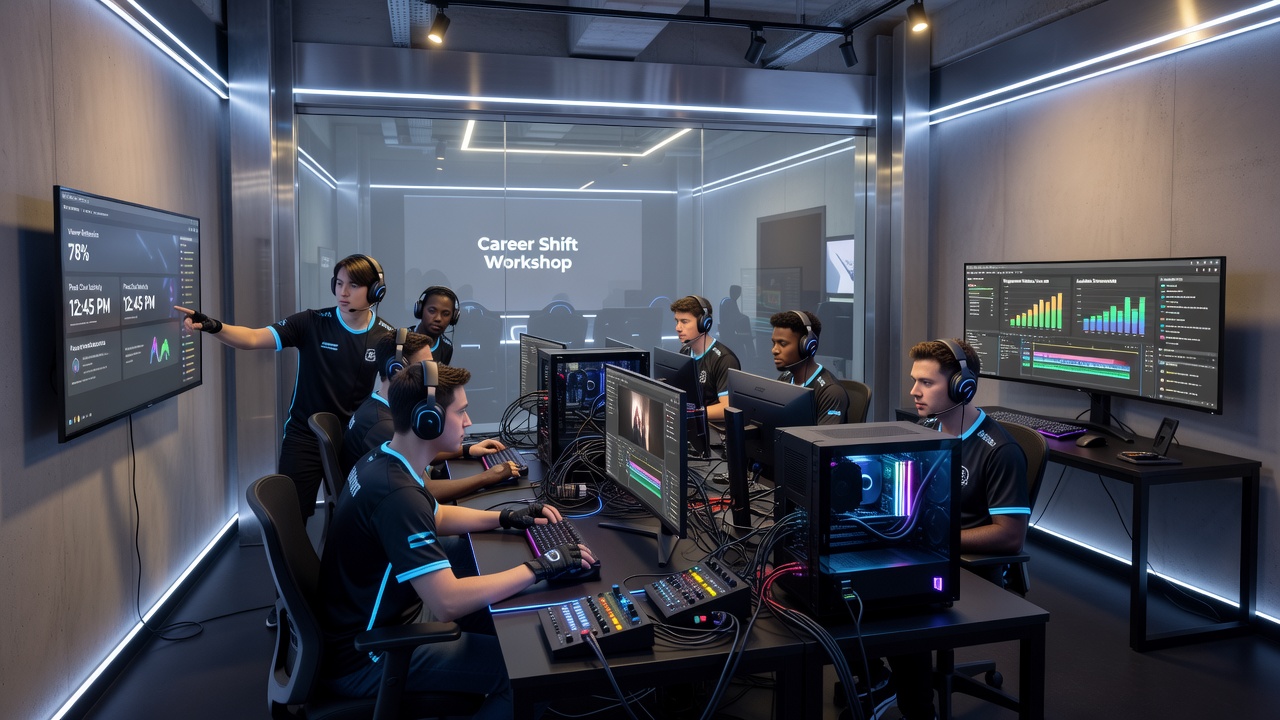 Esports competitor reviewing hardware configurations and analytics dashboards during a career transition workshop