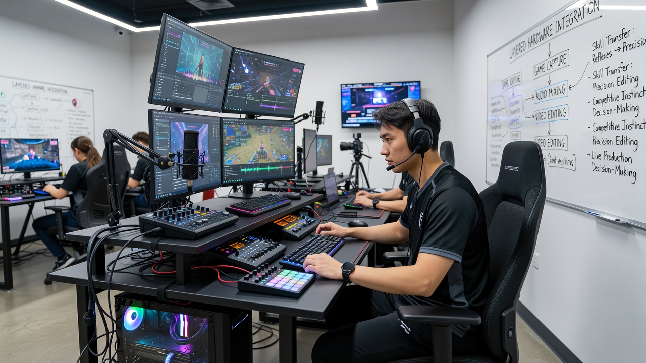 Detailed view of layered hardware setups with analytics screens showing audience data integration for esports production