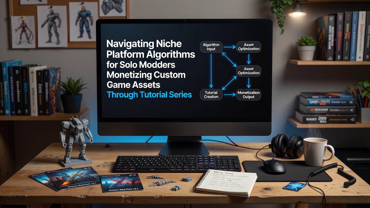 Solo modder reviewing analytics dashboard on a niche content platform while preparing a tutorial series on custom game assets