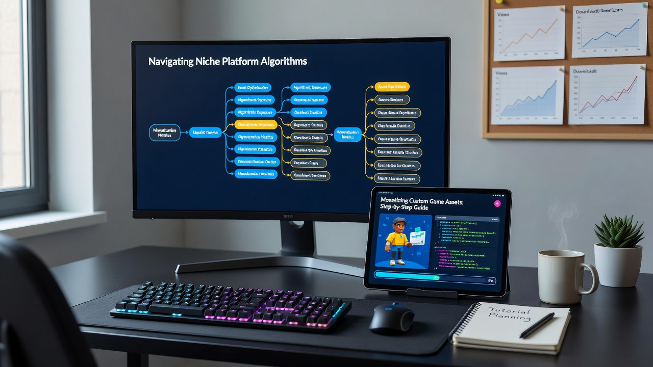 Close-up of a modder editing a custom 3D asset tutorial video with monetization overlays visible on the editing timeline