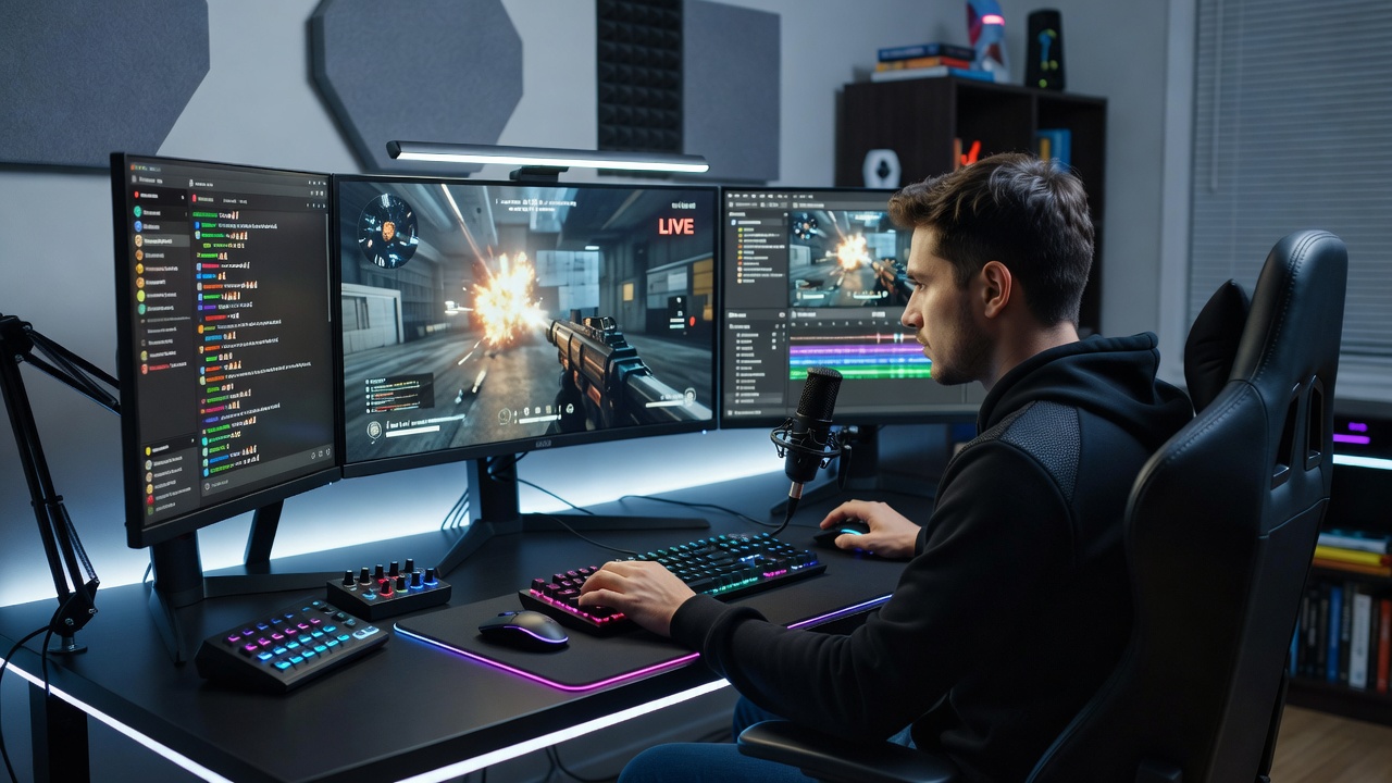 Streamer workspace with multiple monitors arranged for simultaneous game, chat, and production monitoring