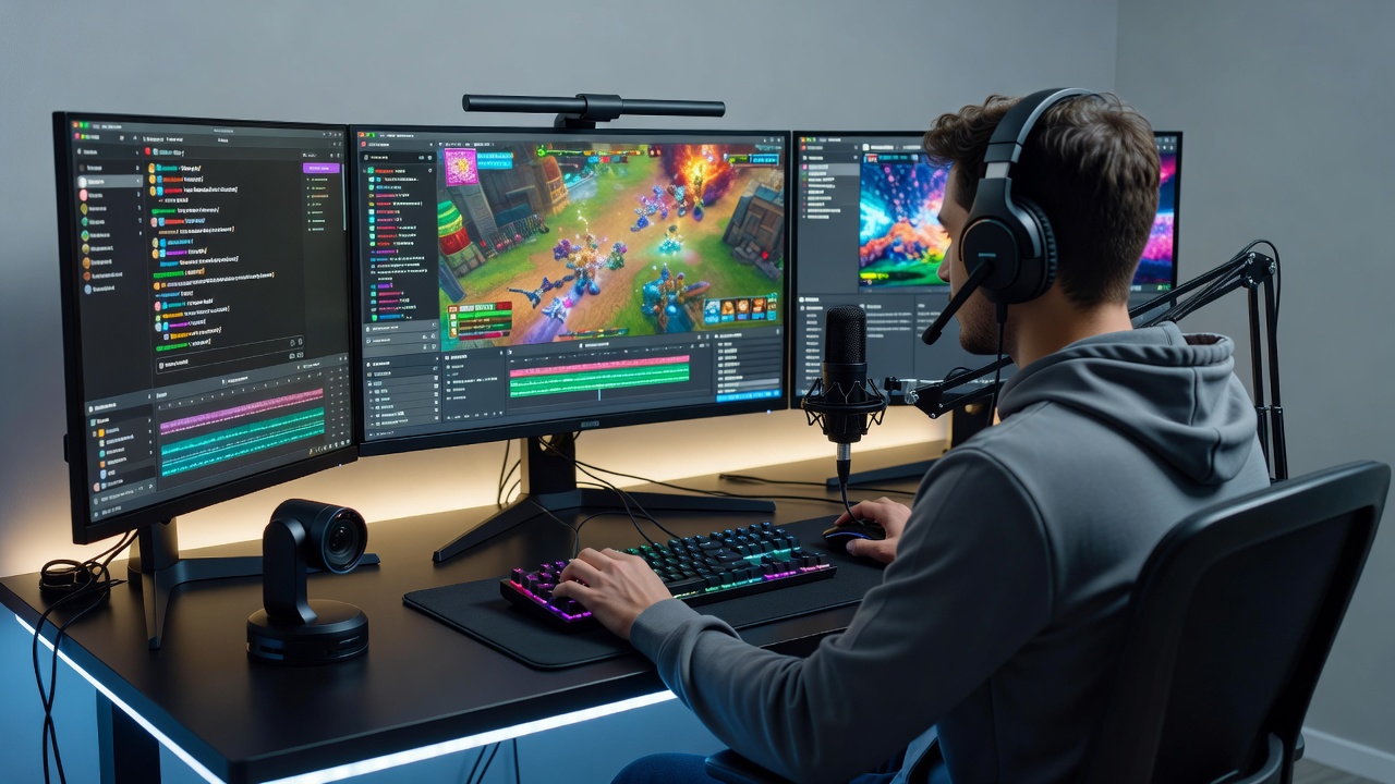 Detailed view of cable management and peripheral placement in a multi-task streaming station