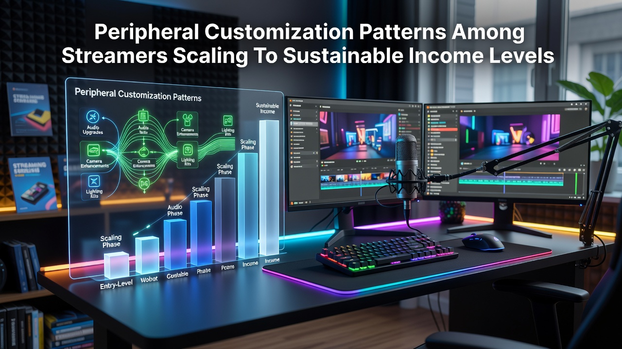 Streamer workspace showing customized keyboard and mouse setups with ergonomic adjustments for extended sessions