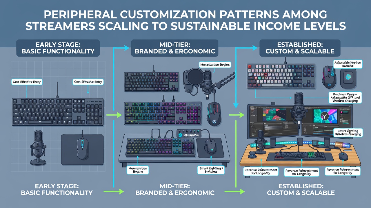 Close-up of customized streaming peripherals including a programmable keypad and adjustable mouse with performance tracking software visible on screen