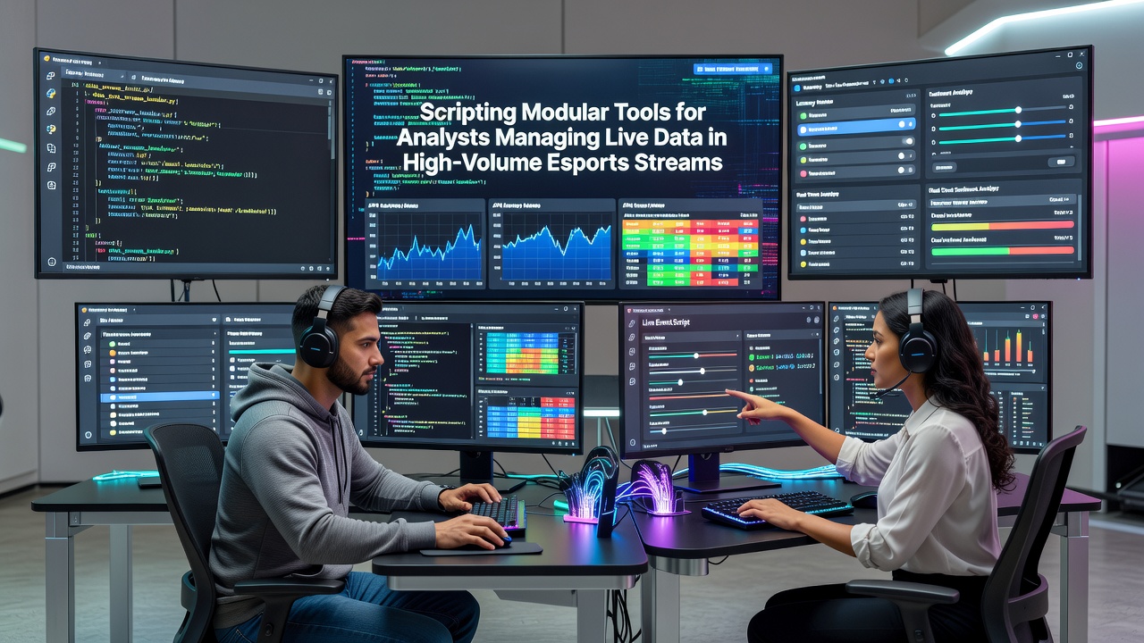 Analysts using modular scripting interfaces to monitor live esports data feeds during a high-volume tournament broadcast