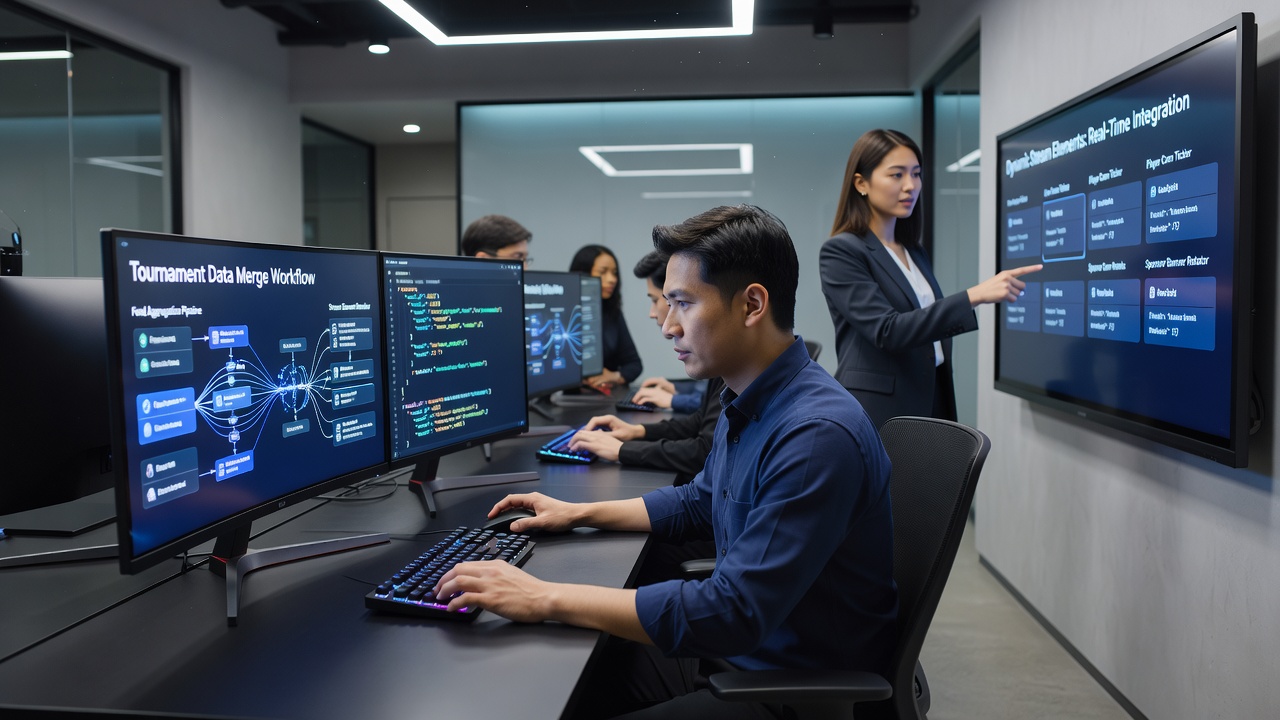 Analysts reviewing real-time tournament data feeds on multiple monitors during an esports event