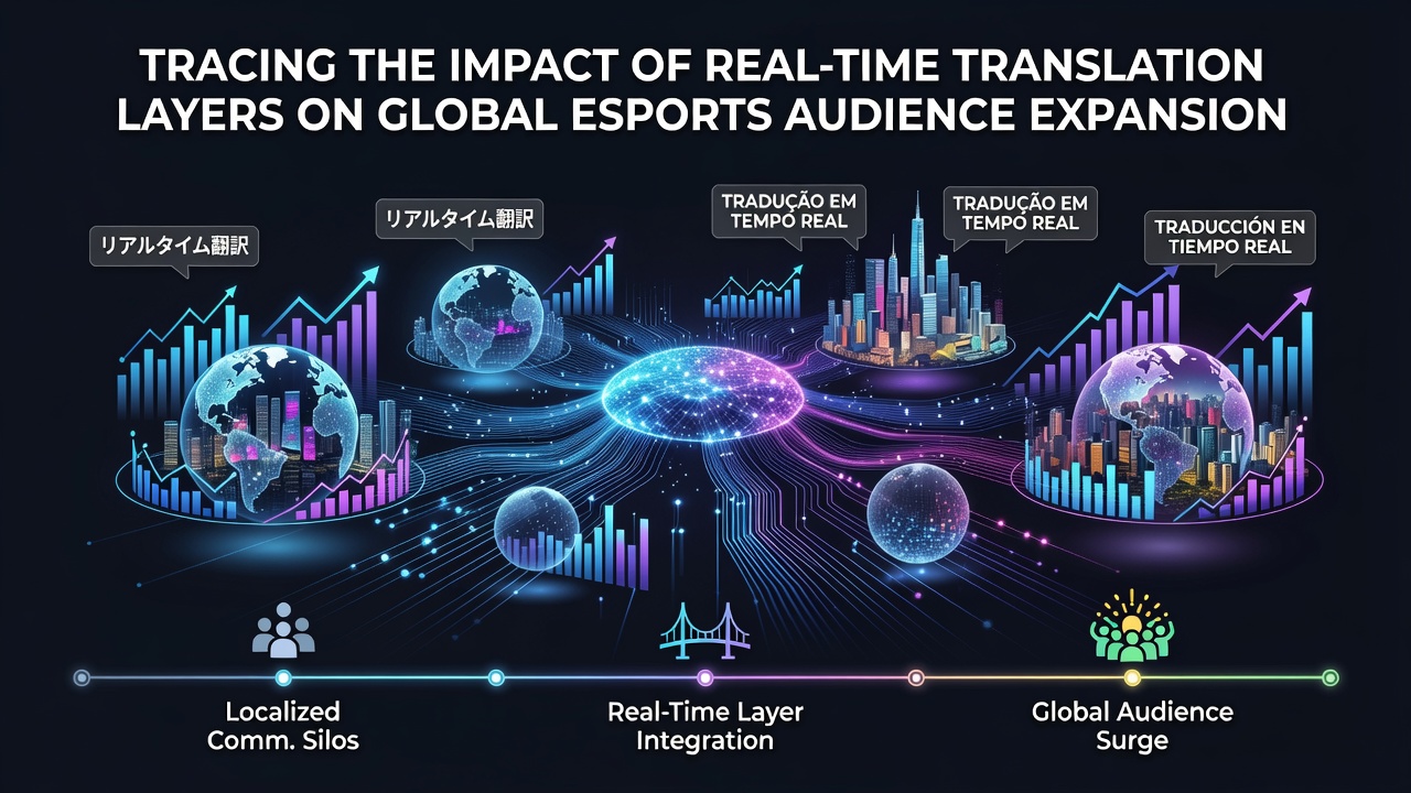 Esports tournament stage with multilingual translation overlays displayed on large screens for international viewers