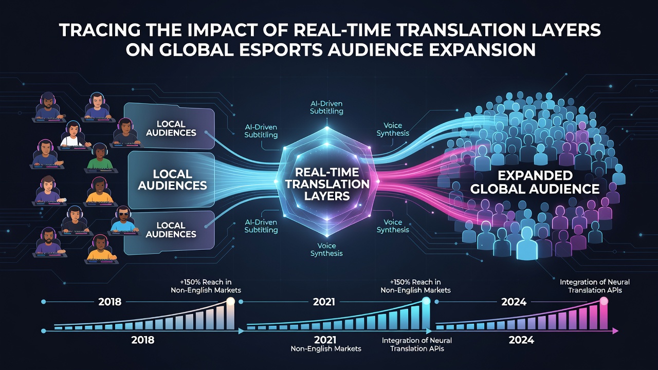 Diverse group of esports fans watching a live match with real-time translated subtitles on their devices