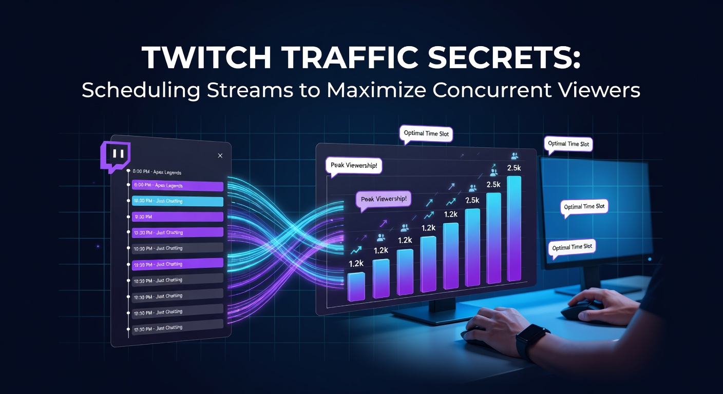 Twitch analytics dashboard displaying viewer spikes during optimal streaming windows, with graphs highlighting concurrent viewer trends across time zones