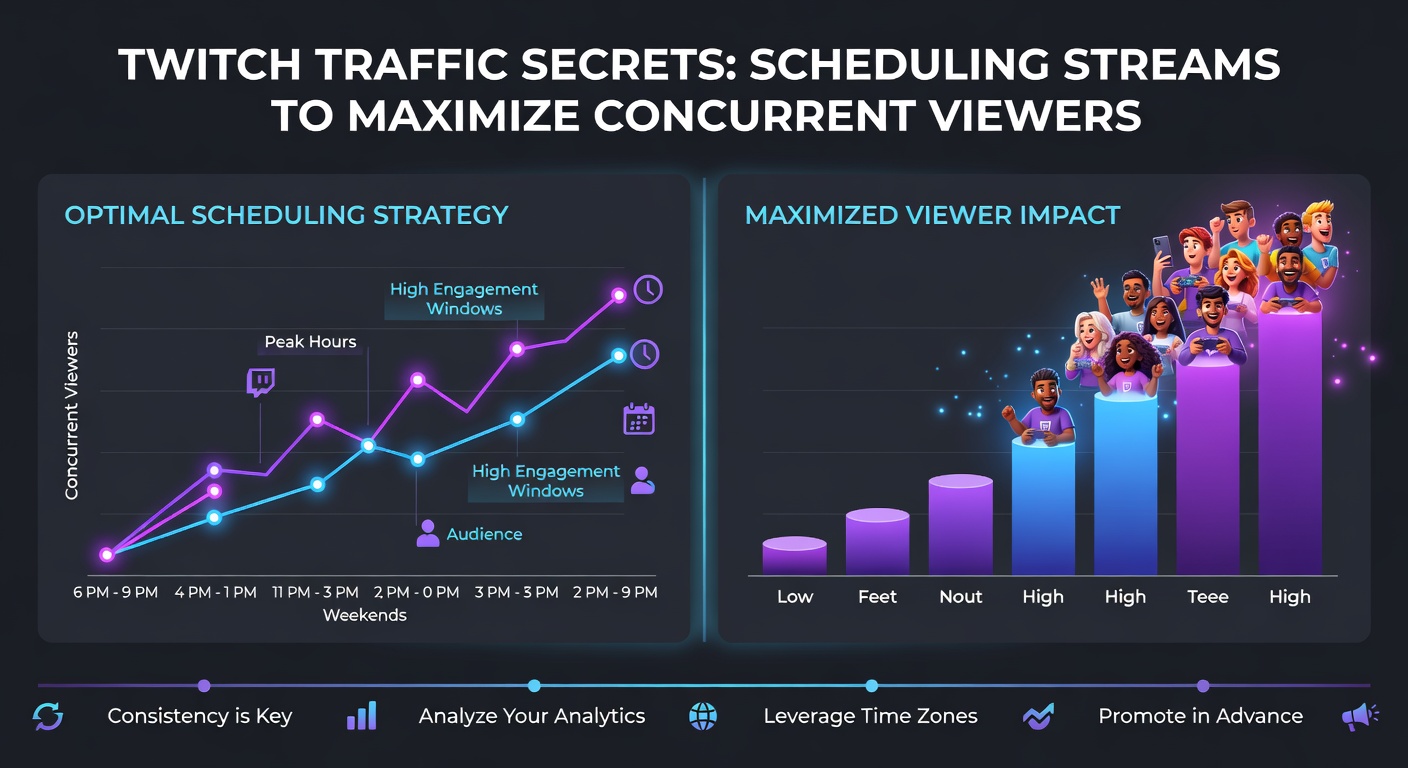 Calendar overlay on Twitch schedule showing color-coded peak viewer hours by day and region, illustrating optimal stream timing strategies
