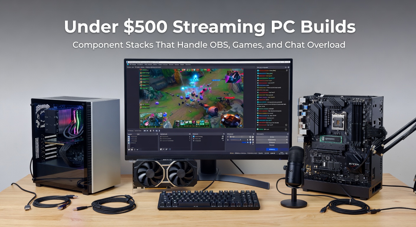 Assembled budget PC build with components laid out on a workbench, showcasing motherboard, CPU cooler, RAM sticks, and SSD in a compact case ready for streaming workloads