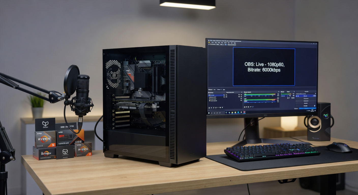 Close-up of a streaming PC interior during stress test, with RGB fans glowing, GPU-less motherboard highlighting APU power, and software readouts showing OBS CPU usage under 40% while gaming at 1080p