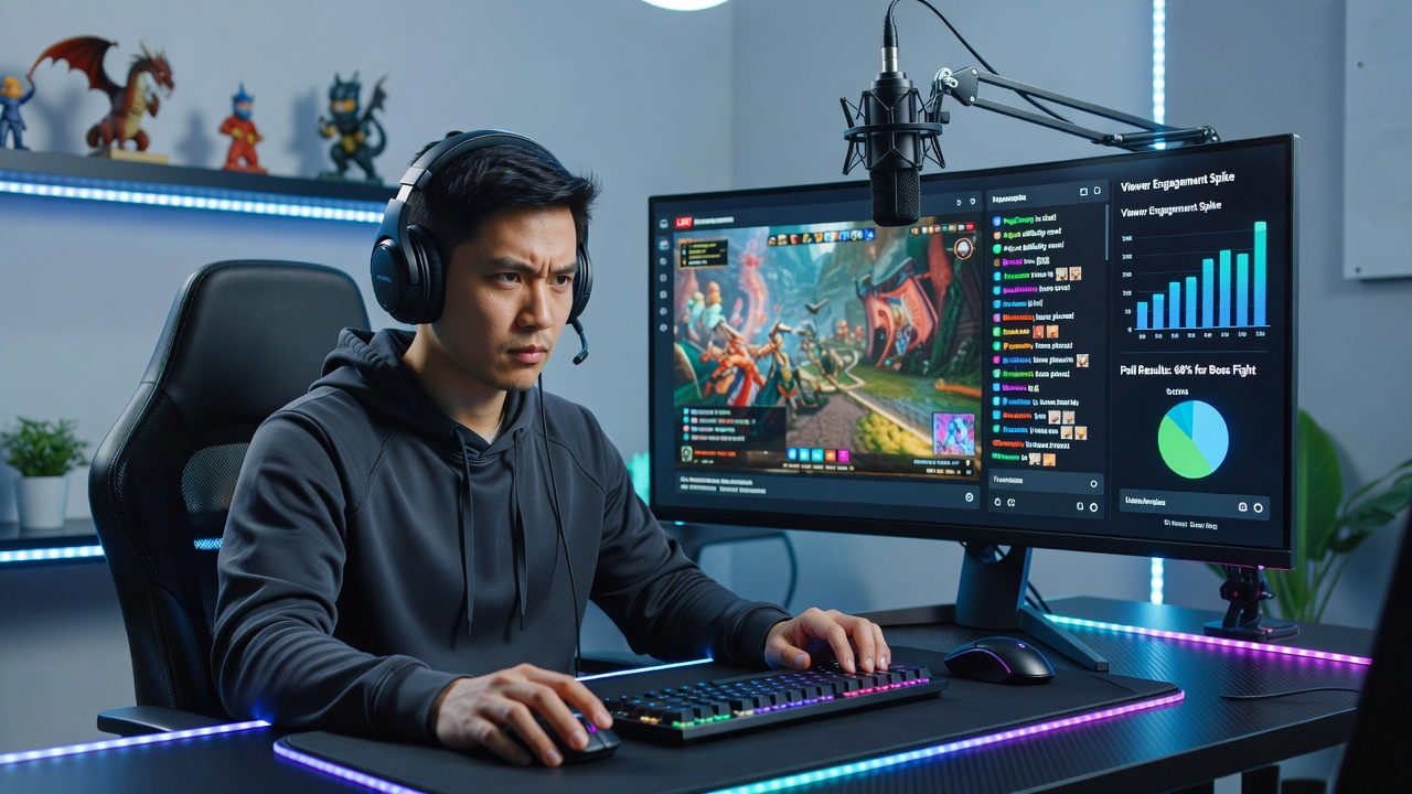 Streamer reviewing real-time chat metrics on dual monitors during a live broadcast session