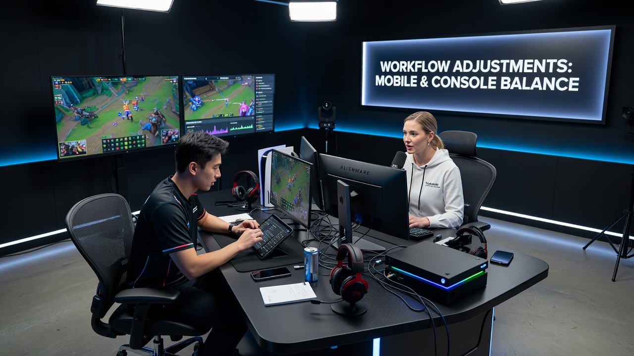Broadcast team coordinating live analysis between mobile and console esports matches